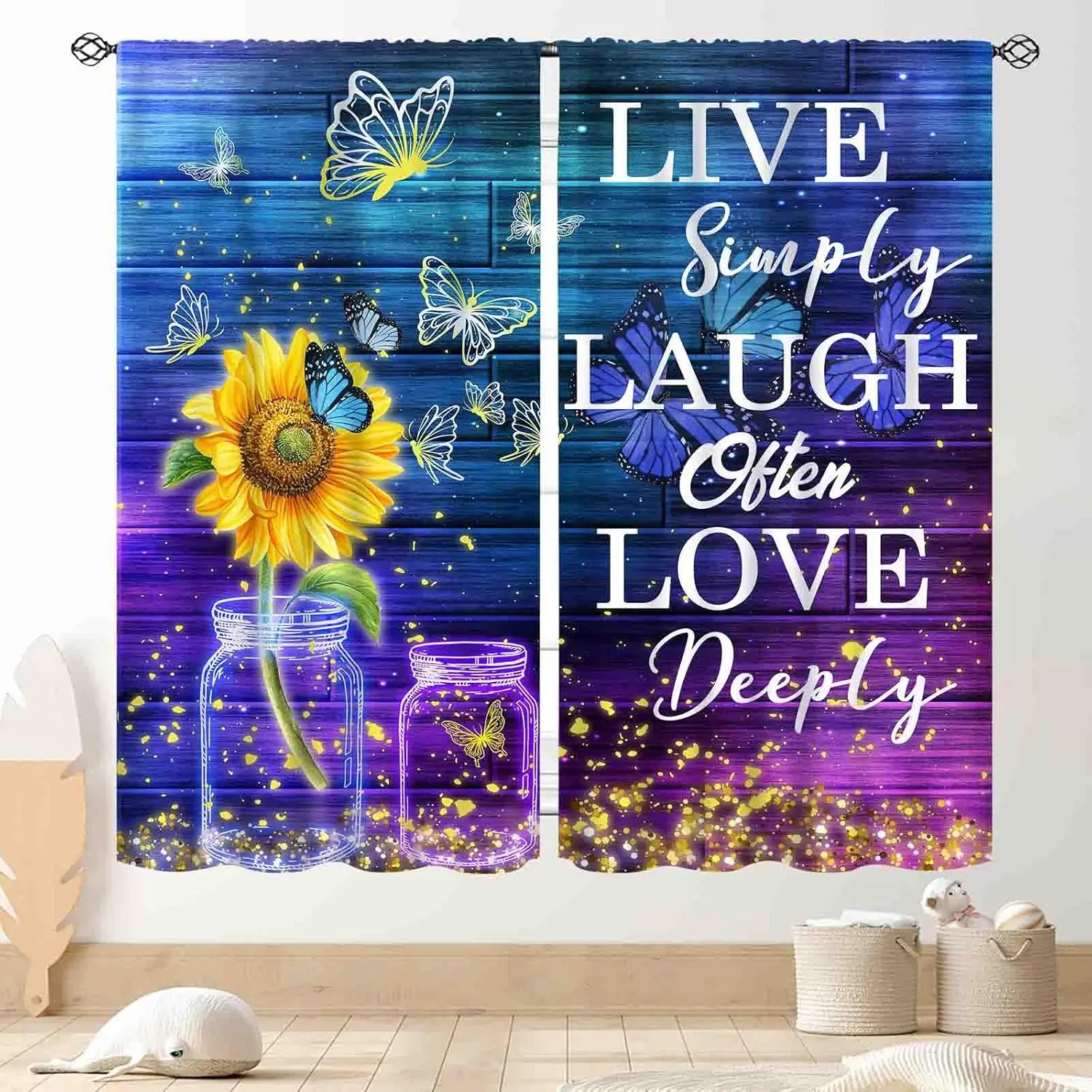 Sunflower Curtains, Rustic Galaxy Universe Yellow Flower Positive Quotes Inspirational Farmhouse Country Purple Window Drapery