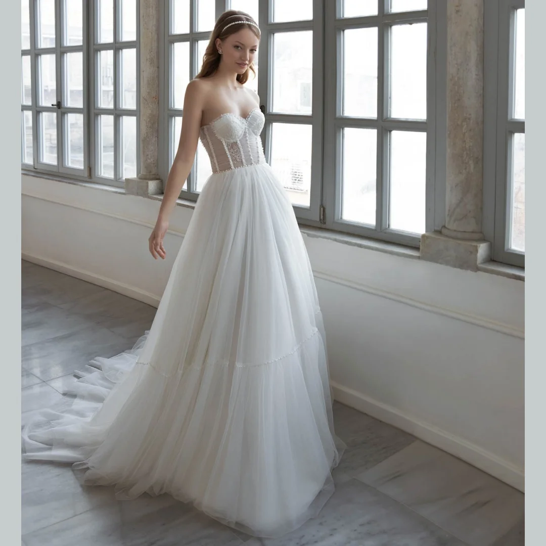 Eleganti abiti da sposa Peals Tulle Sweetheart senza spalline pieghe A-line abito di fidanzamento Festival Party Cocktail Prom Abito da sposa