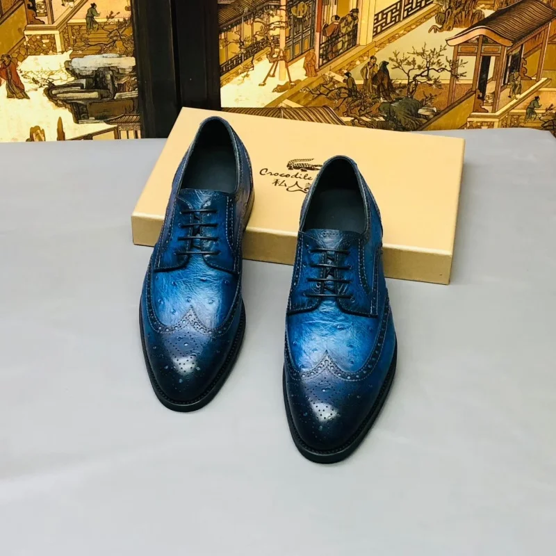 Authentic Exotic Ostrich Skin Printed Pattern Men's Painted Blue Dress Oxfords Genuine Cow Leather Male Lace-up Brogue Shoes