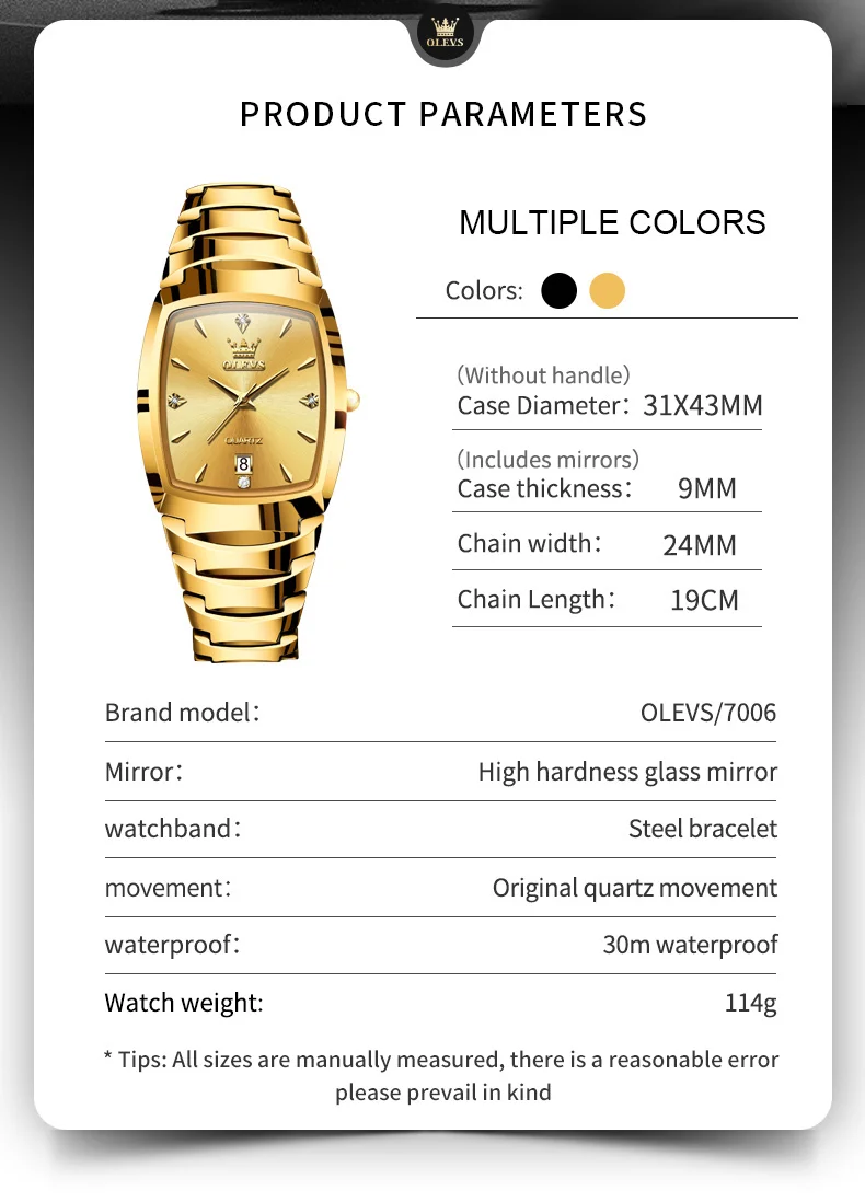 OLEVS 7006 Original Tungsten Steel Quartz Men\'s Watch Classic Fashion Square Design Waterproof dial Luxury Gold Men\'s Watch