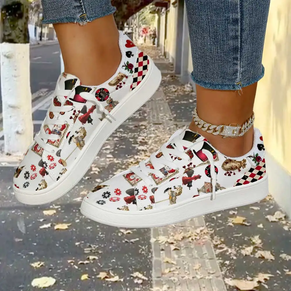 Fairytale Alice in Wonderland Printed Women Canvas Sneakers, Lace‑Up Low‑Top Shoes, Unique Poker Card Graphic Daily Walking Shoe