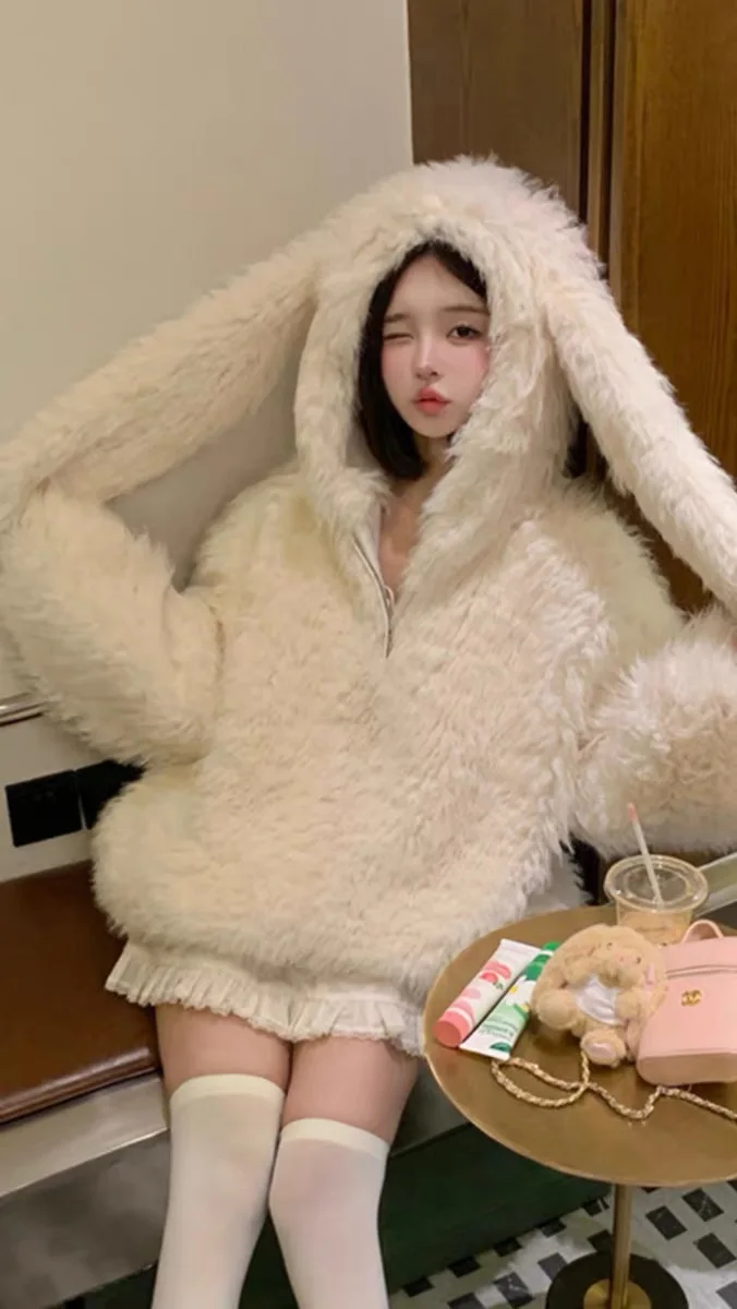 

Cute Rabbit Ear Hooded Y2K Faux Fur Jaet Women's Winter Loose Plu Cotton Coat Sweet Sle Non-Removable Hooded Coat