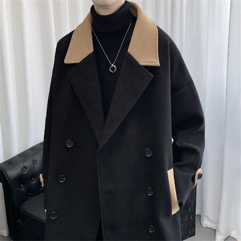 Black Woolen Coat Men Autumn Winter Long Coats Casual Turn Down Collar Outerwear Korean High Street Coats Men 2023