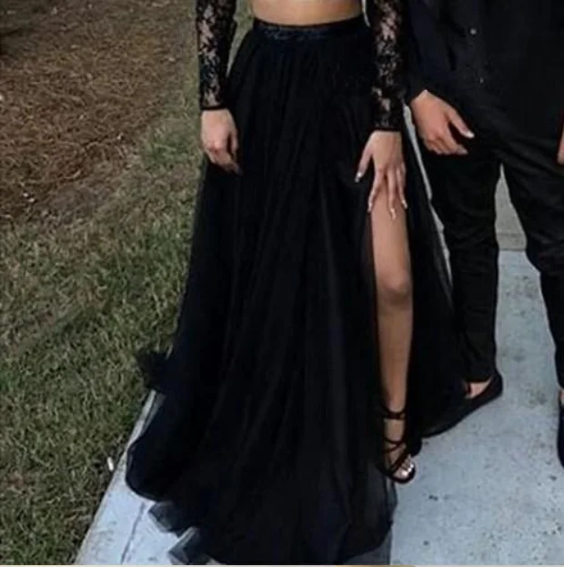 Zwarte Lange Rokken Slit Zipper Tulle Rok Floor Lengte Formele Party Rokken Voor Vrouwen Herfst Maxi Rok