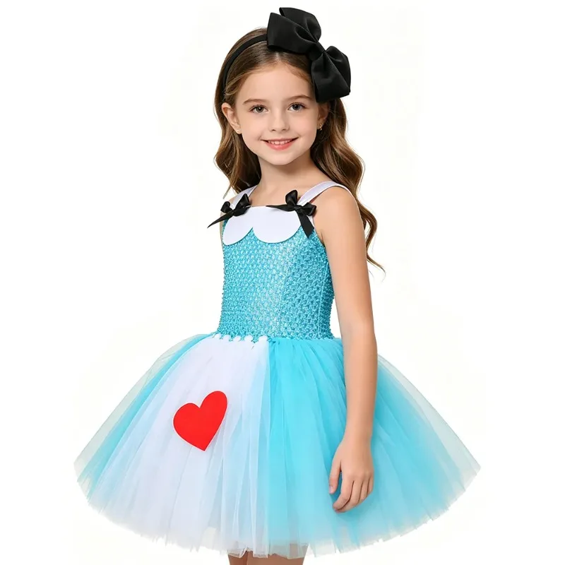 

Little Girls Blue Tulle Princess Dress with Black Bow Hair Accessory,Halloween Christmas Costume Gown,Daily Princess Style Dress
