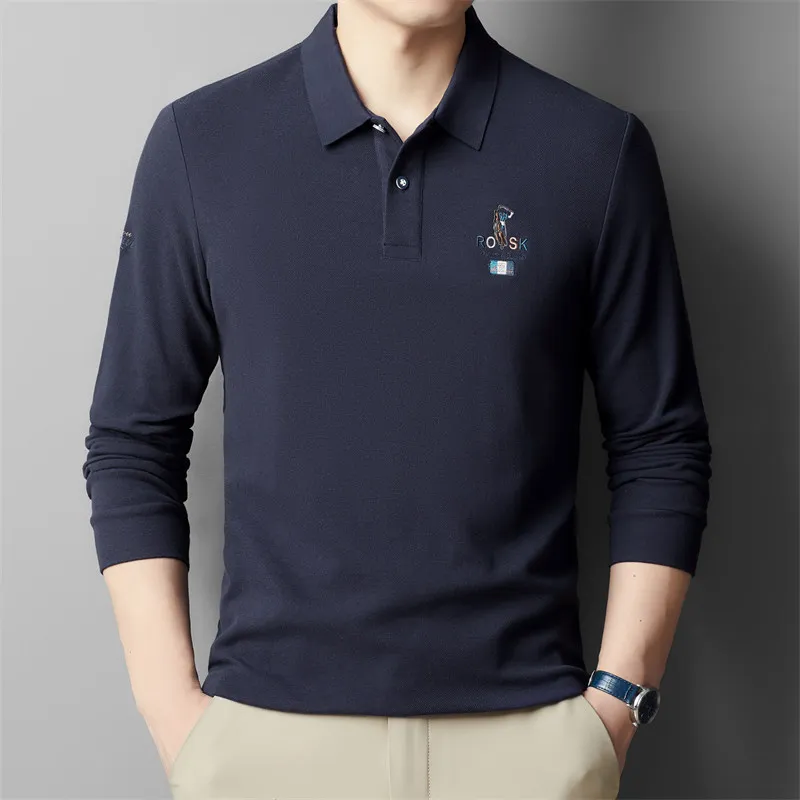 Luxury brand 100% cotton men\'s long sleeved embroidered polo shirt 2024 Spring and Autumn new business casual breathable T-shirt