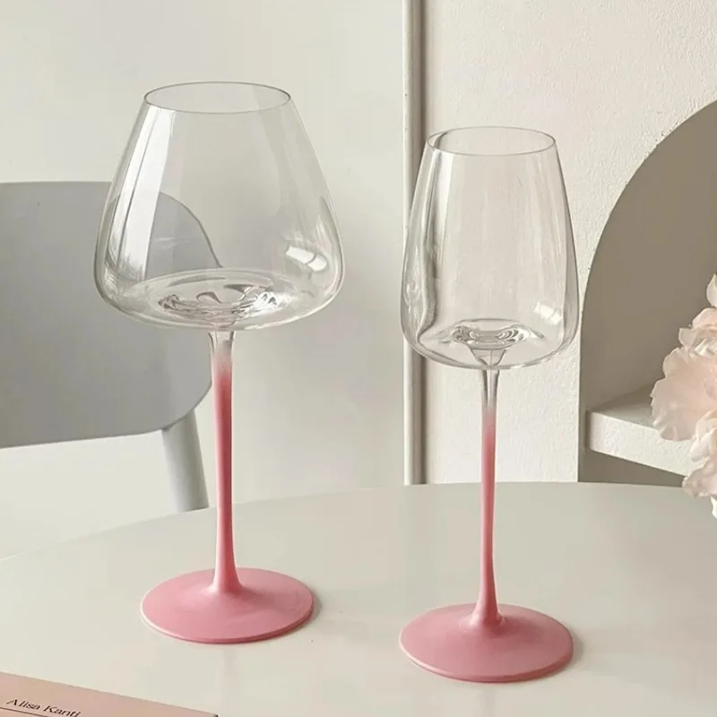French Style Glass Goblet Pink Stem Concave Bottom Red Wine Glasses Cup Light Luxury Glass Cup Champagne Glasses Cups Home Tools