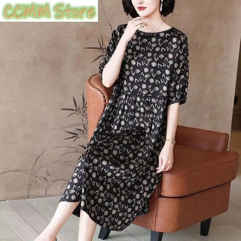 

Female Clothing Vintage Printed Dresses Summer Short Sleeve Casual Round Neck Loose A-Line Waist Fashion Spliced Midi Dress