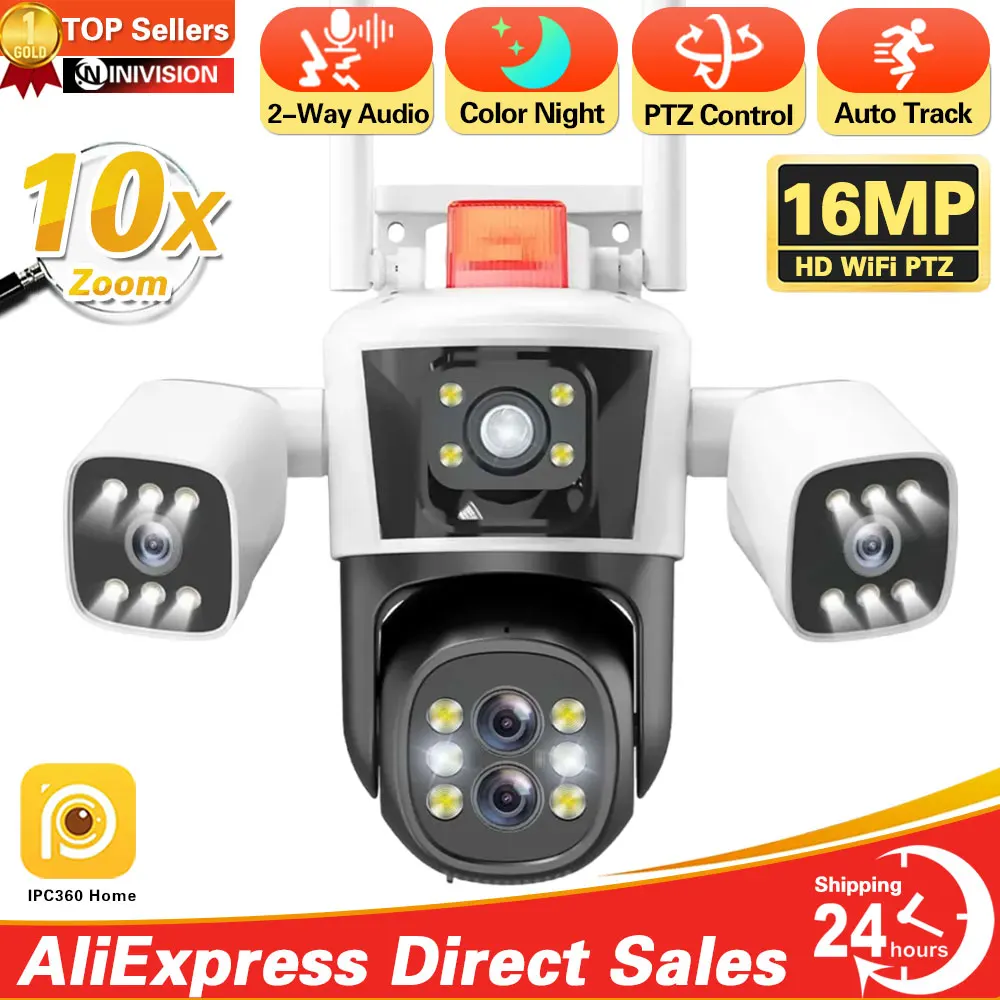 

16MP 8K Security Protection Camera WiFi Outdoor 10X Zoom Four Lens Three Screens CCTV Video Surveillance Auto Tracking PTZ Cam