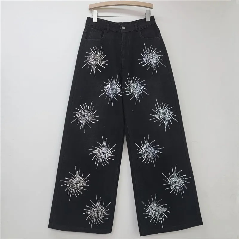 Heavy Industry Fireworks Pattern Hot Diamond Jeans Women High Street Loose Casual Straight Denim Trousers Tide Jeans Woman