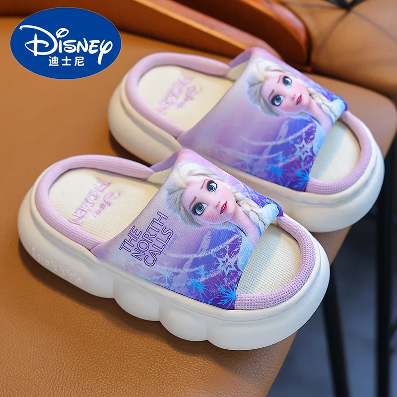 Pantoufles en lin Disney Princess Elsa pour enfants, semelle optique non ald respirante, chaussures de sol pour bébé, pantoufles d\'été pour la