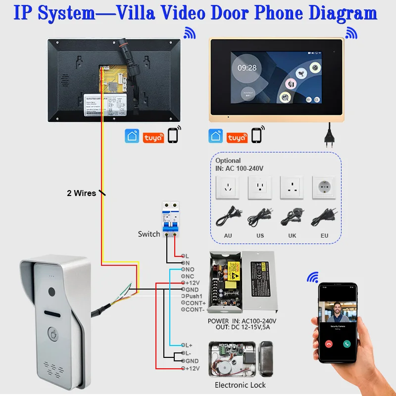 Wired Video Intercom System, Visual Campainha, Câmera HD, Vídeo Campainha, Kits de Telefone para Casa, Villa, Apartamento, 2MP, 4, 7in