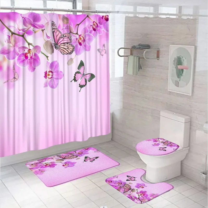 

Butterfly Ladybug Shower Curtain Set Animal Wildlife Dragonfly Bathroom Curtains Non-Slip Bath Mat Pedestal Rug Lid Toilet XT6@！
