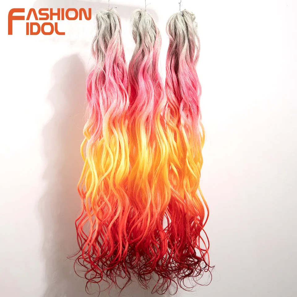 FASHION IDOL 24inch 300g/3pcs Ombre Pink Orange Red Crochet Hair Extensions Total Heat Resistant Synthetic Wavy Braiding Hair