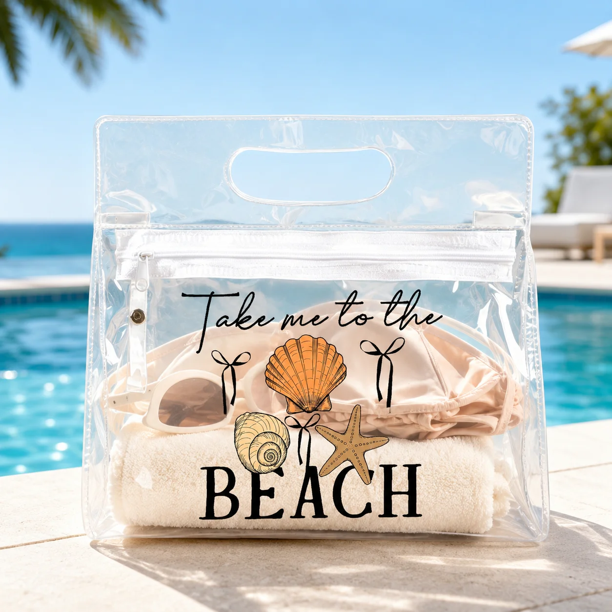 

Clear PVC Beach Toiletry Bag, Take Me to the Beach Print Waterproof Travel Swimsuit Cosmetic Organizer for Women