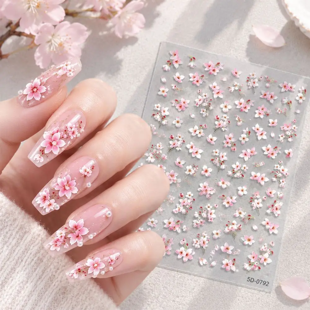 1Pc Serene Sakura Nail Stickers Embossed Pink Blossom Cluster Self-Adhesive Decals Home DIY Manicure Nail Art Decor Accessories
