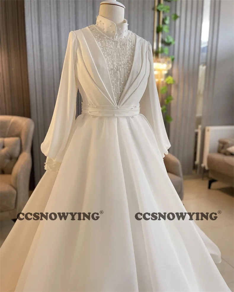 Long Sleeve Muslim Wedding Dress for Bride Organza Pearls High Neck Arabic Dubai Islamic Hijab Bride Gown Vestidos De Novia