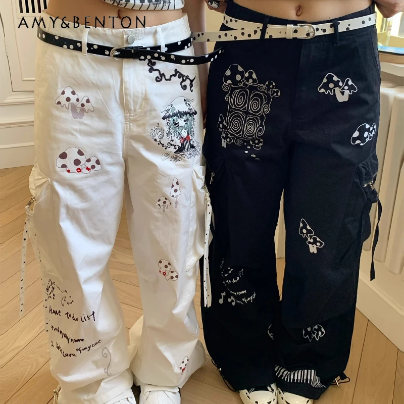 

2025 Summer Black White Two-tone Large Pocket Women's Cargo Pants Original Cartoon Anime Print Loose Versatile Trousers Ladies