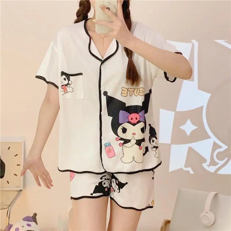 Kawaii Sanrio Anime Pajamas Cinnamoroll Kuromi Summer Boys Girls Pajamas Casual Loose Milk Shreds Home Wear Kids Gift