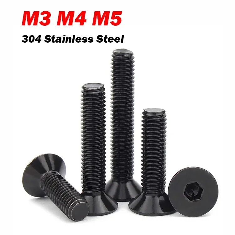 M3 M4 M5 Black 304 Stainless Steel Hex Hexagon Socket Head Flat Countersunk Allen Machine Screw Bolt Length 5-30mm