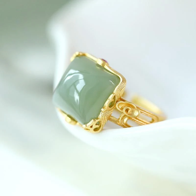 Three-dimensional Design Natural Hetian Jade Square Open Ring Chinese Style Pattern Craft Light Luxury Women's Silver Jewelry