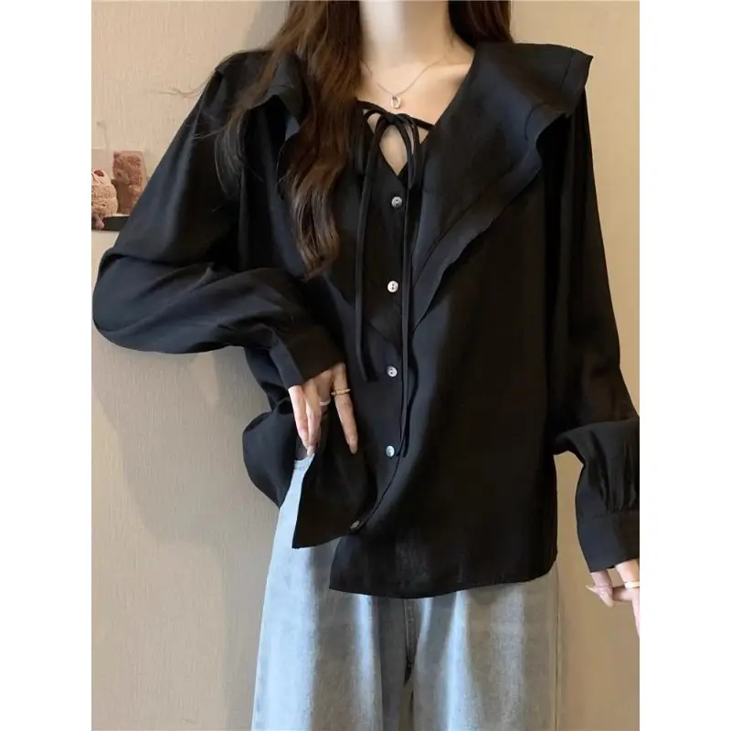 Oversized Women's Clothing Fashionable Outerwear with Ruffled Edges V-neck Long Sleeved Chiffon Shirt Belly Covering Top