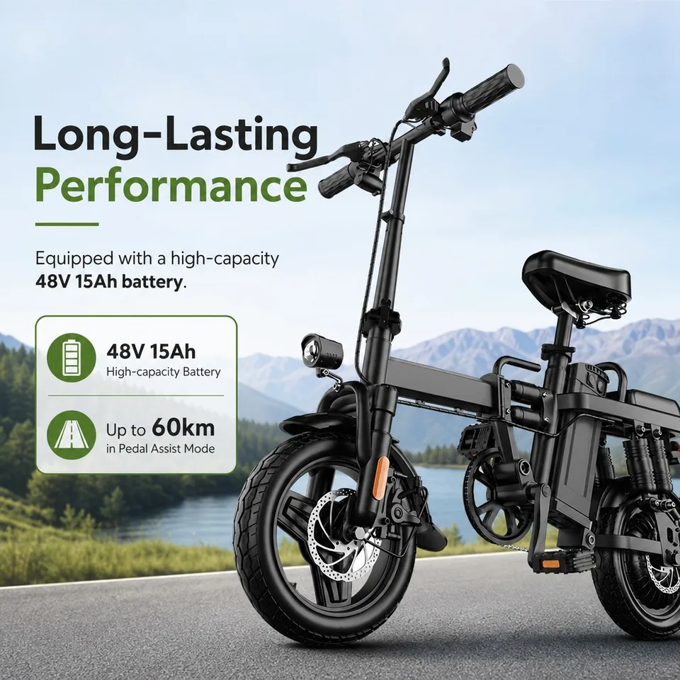 48V 500W Powerful Electric Bike 43km/h Top Speed, 48V 15Ah Battery Up to 60km Pedal Assist, Foldable 14" Frame, Dual Disc Brakes, 150kg Load Capacity, Front Basket & Fenders, Comfortable Urban Commuter E-Bicycle image 4