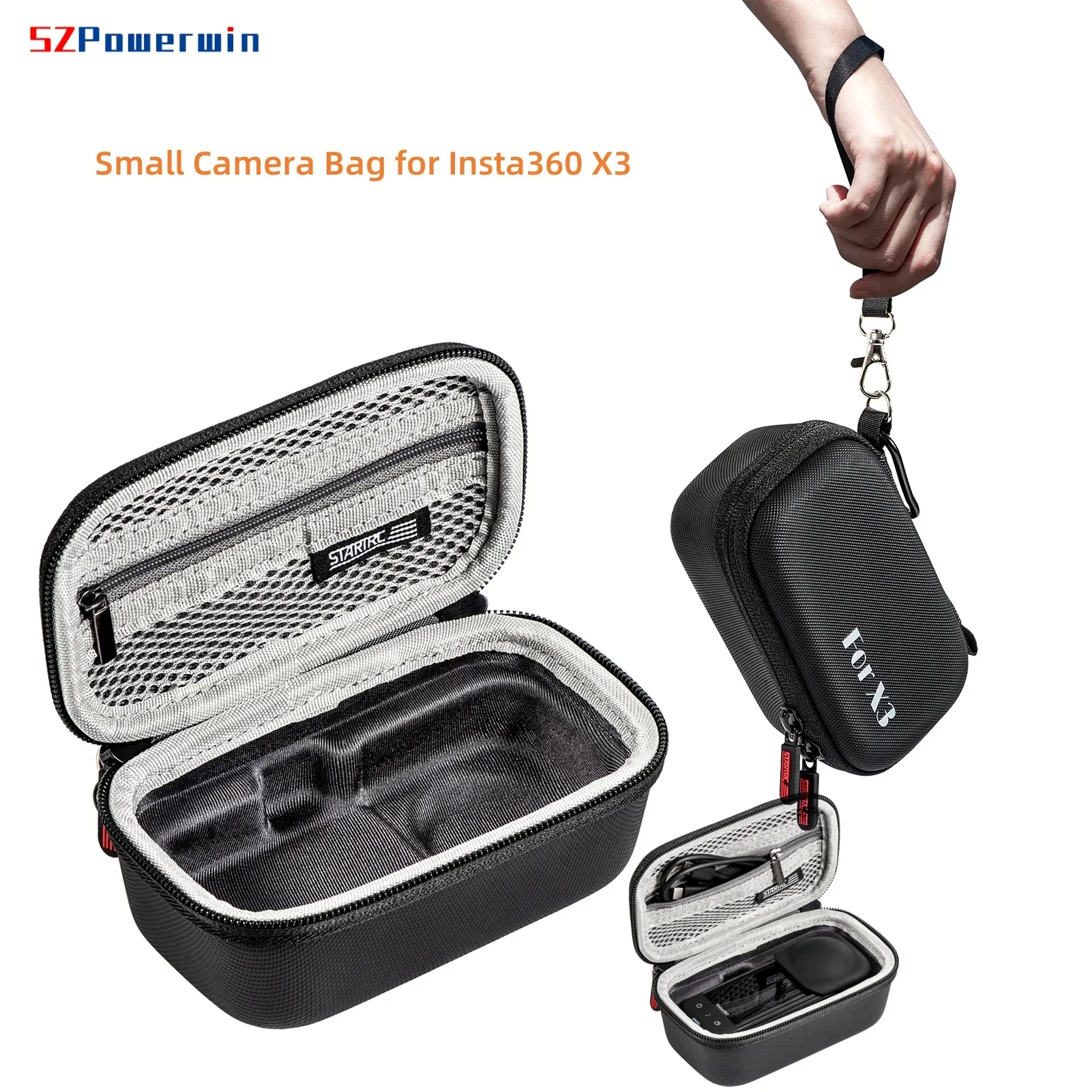 Powerwin Tragbare Sport-Aufbewahrungstasche für kleine Kameras für Insta360 X3, kleine Tragetasche, wasserdicht, mit Handschlaufe, Karabiner