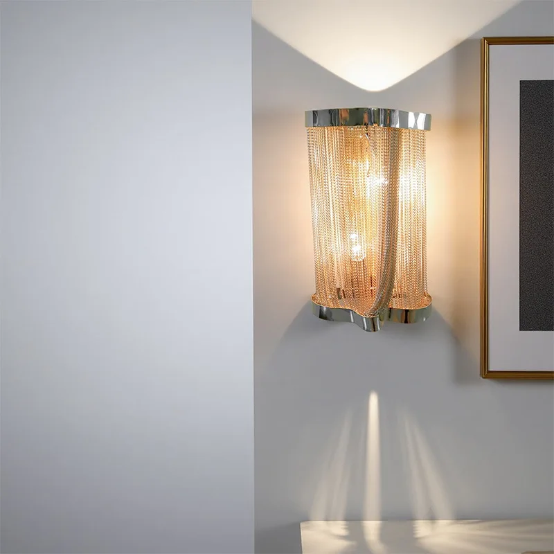 Modern Luxury LED Wall Lamp with Tassel Aluminum Chain Elegant Postmodern Sconce Lighting for Living Room Holiday Villa Hotel