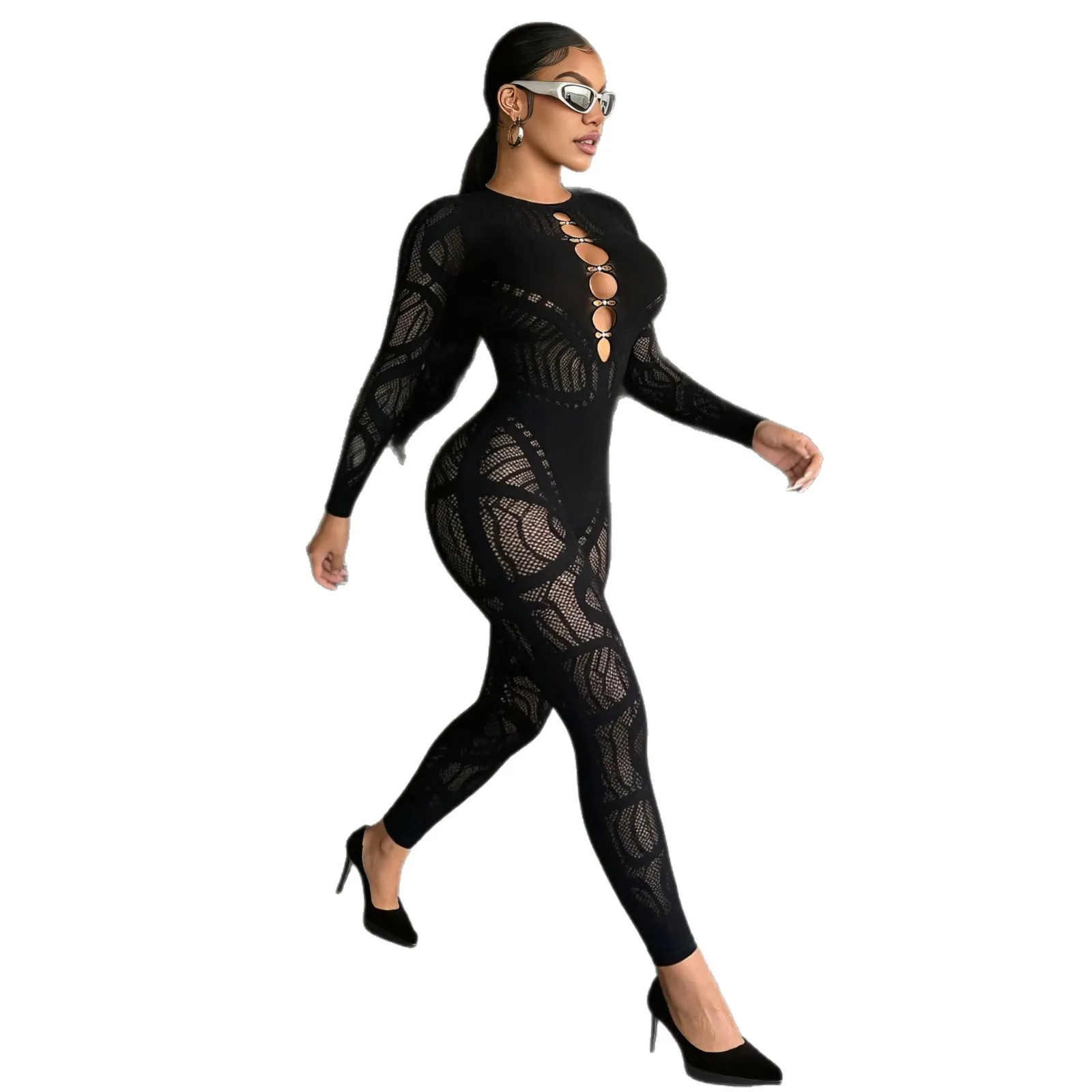 Vacation Hot Girl Hollow-out High-waisted Slim-fit Thickened Jumpsuit High-end Women's Outerwear Jumpsuit I92L