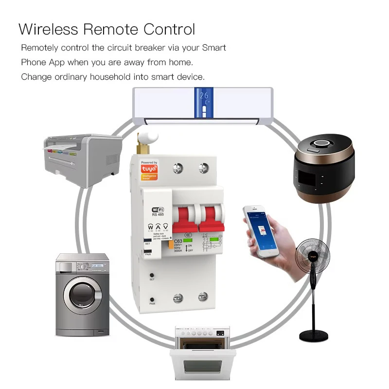 قاطع دائرة واي فاي ذكي 2P 10A إلى 100A Tuya Mcb مع قدرة كسر 6ka لقياس الطاقة