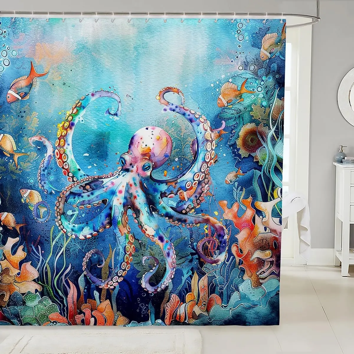 

Colorful Octopus Underwater Sea Life Shower Curtain Ocean Fish Coral Reef Artistic Bathroom Decor Waterproof Print Design