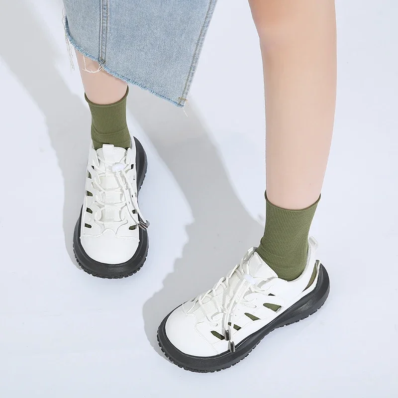 Zapatos de mujer 2025, sandalias con cordones para exteriores para mujer, sandalias informales versátiles con punta redonda, zapatillas de deporte con plataforma hueca para mujer