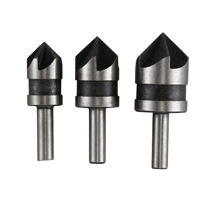 PWS 3Pcs 5 Flute Countersink Drill Bit Set 90 Degree Chamfering Cutter For Wood Metal 12/16/19Mm Debur Tool Set DT6