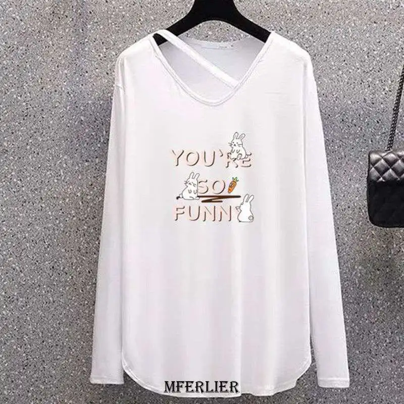 T-shirt à manches longues et col rond pour femme, streetwear décontracté, grande taille 6XL, 150kg, dessin animé, automne