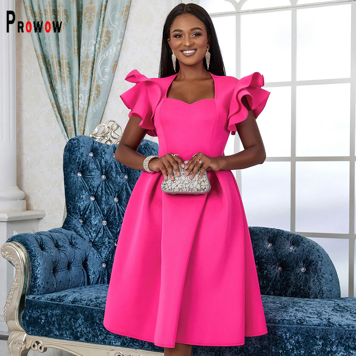 

Prowow Elegant Ruffle Women's Dress for Birthday Evening Party Solid Color A-line Slim Fit Female Clothing High Quality Outfits