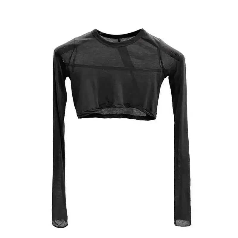 HKSH Estate delle nuove donne Chic High Street Punk stile scuro cotone tinta unita a maniche lunghe O-Collo Pullover Top ultra corti HK5437
