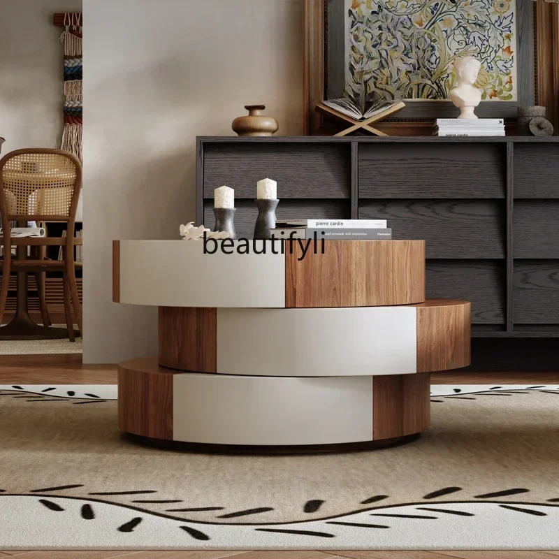

LJYWabi sand wind rotating designer creative walnut leather small apartment living room home minimalist round small coffee tabl