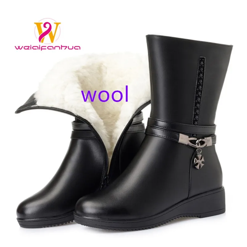 Women's Cowhide Mid-calf Boots, with Metal Fastening Decoration, Side Zipper Platform Heel, Large Size Winter Warm Women's Shoes