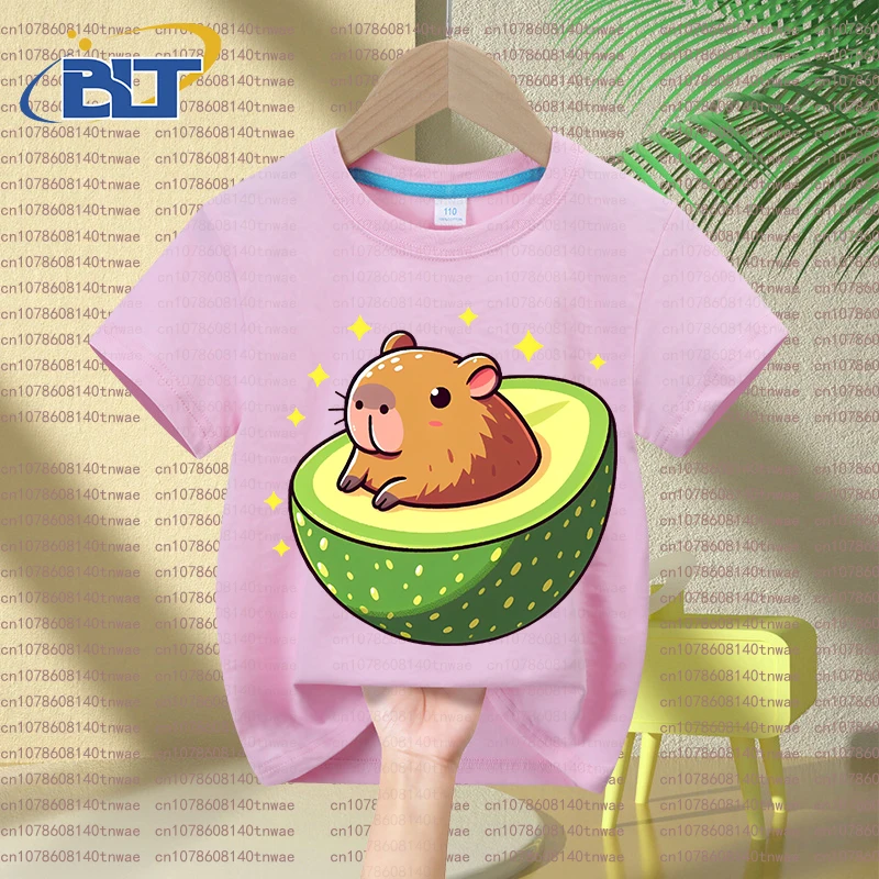 Cute Capybara Avocado print kids summer T-shirt set children's cotton short-sleeved shorts 2-piece set for boys and girls