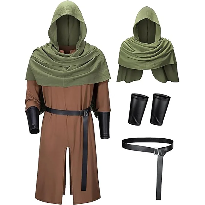 Men's Renaissance Medieval Knight Pirate Cosplay Costume Brown Robe Hooded Cape Cloak Stage Performance Halloween Party Outfit - view 5