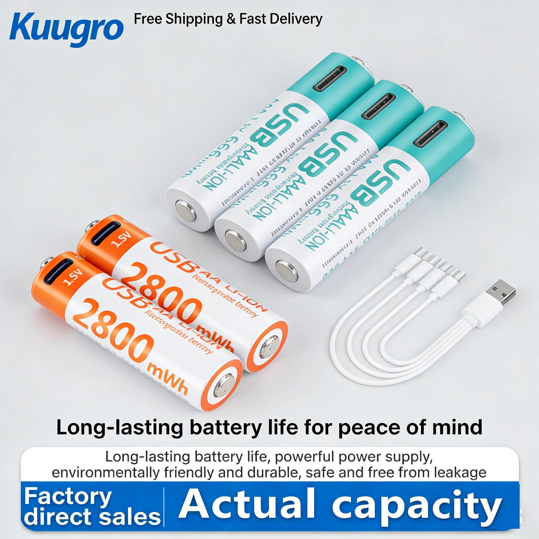 

1.5V AA AAA Li-ion Rechargeable Battery 2800mWh/666mWh Constant Output Lithium Cell for Camera, Wireless Mouse, Clock + Cable