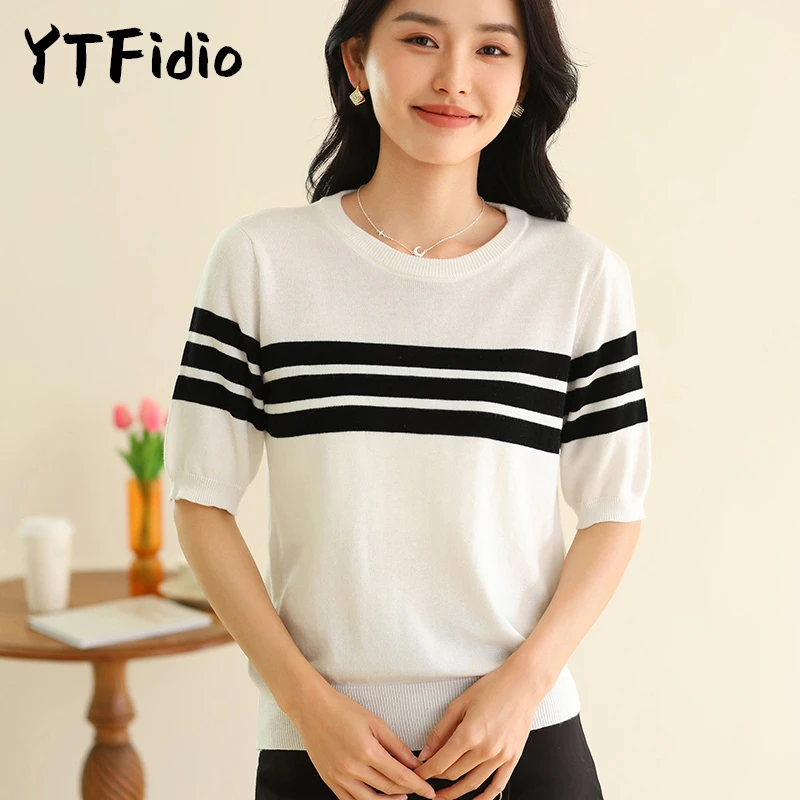 

YTFidio 100% Cotton Women O-Neck Three Stripes Black And White Stripes Short Sleeve T Shirts Casual Knit Pullover Tops 220