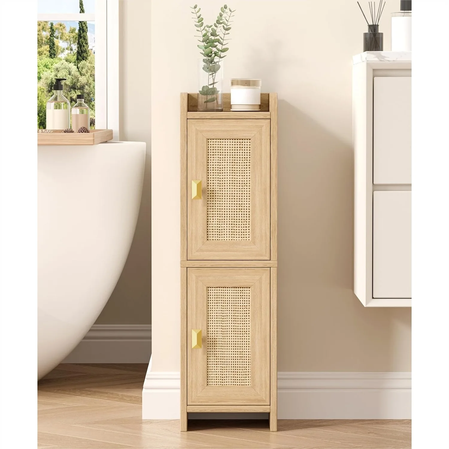 

Rattan Small Bathroom Cabinet with 2 Doors, 7.9''D x 7.9''W Narrow Toilet Paper Storage, Wooden Slim Corner Unit with Adjustable