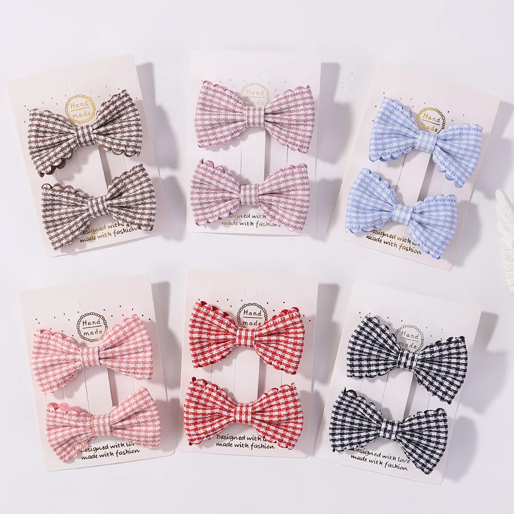 2Pcs Solid Color Embroidered Plaid Bows with Hair Clips Kids Girls Cotton Bow Hairpin Barrettes Baby Headwear Hair Accessories