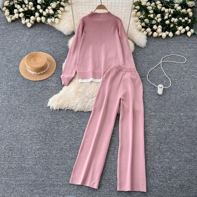 REALEFT 2024 Autumn Winter 2 Pieces Women\'s Sets Outfit Knitted Tracksuit Stand Collar Sweater and Straight Jogging Pants Suit