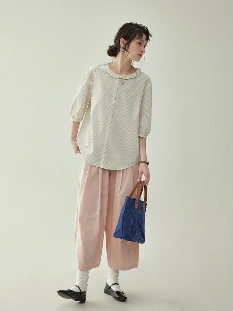 AMUU Original Summer Loose Women's Shirt Floral Lace Collar Striped Short Sleeve Japanese Style round Neck Casual Top