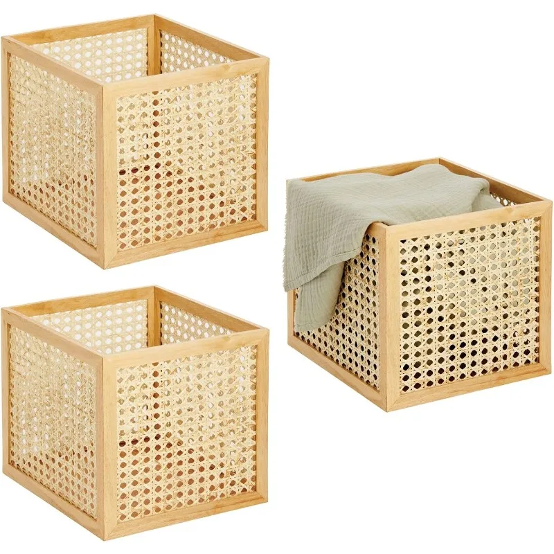 Wooden Square Bin, Natural Cane Organizer Storage Bin Box for Kitchen Storage, Pantry Shelves, Closet, Bedroom