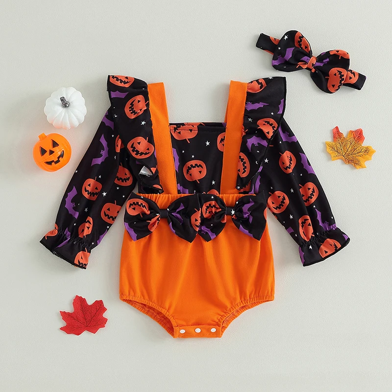 

Toddler Baby's Clothes Girls 2Pcs Halloween Outfits Long Sleeve Pumpkin Print Ruffle Romper with Headband Set Newborn Clothing