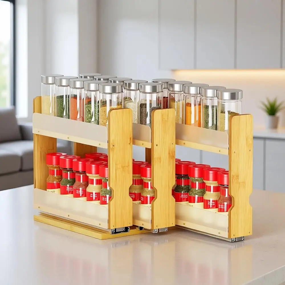 

Heavy Duty Bamboo Slide Out Spice Rack Organizer, 7.6 Wide, 3 Drawers (2 Wide), 2-Tier, Natural Kitchen Pantry Storage